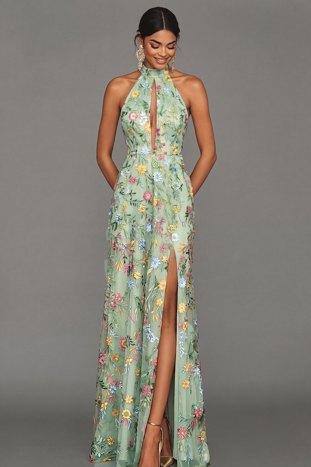 Mauve Floral Halter Neck Mermaid Long Formal Dress with Slit