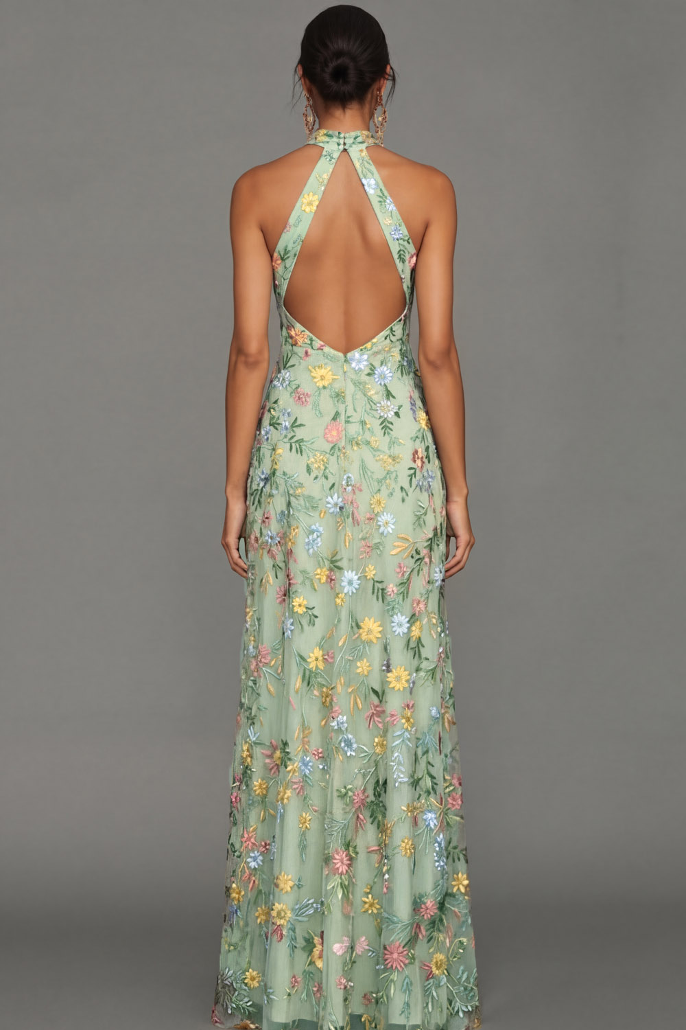 Mauve Floral Halter Neck Mermaid Long Formal Dress with Slit