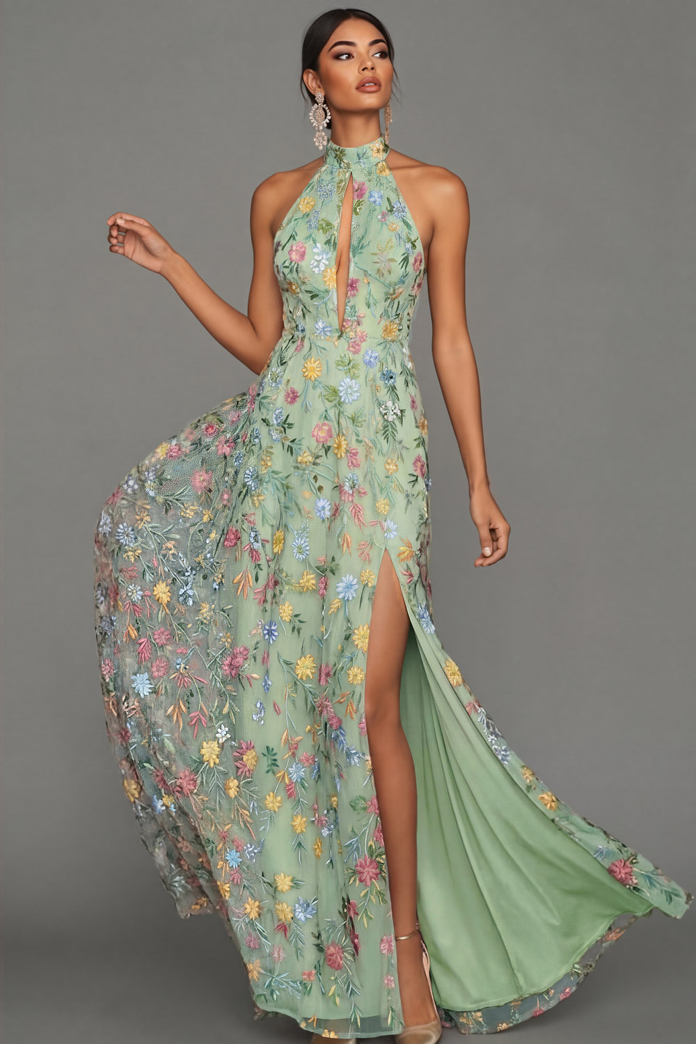 Mauve Floral Halter Neck Mermaid Long Formal Dress with Slit