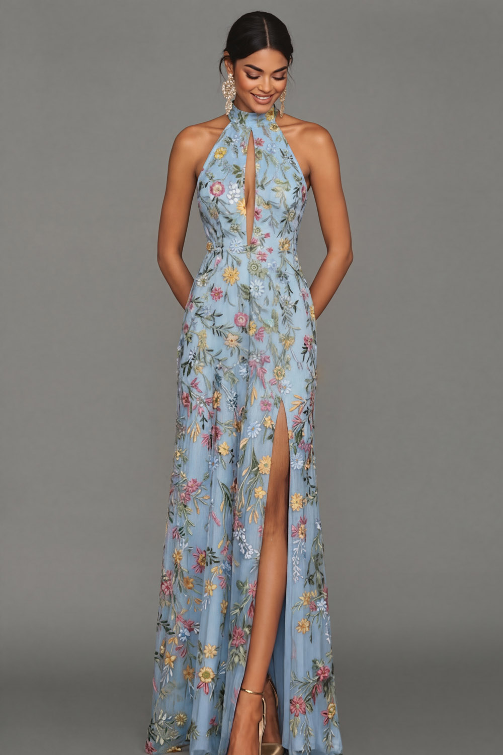 Mauve Floral Halter Neck Mermaid Long Formal Dress with Slit