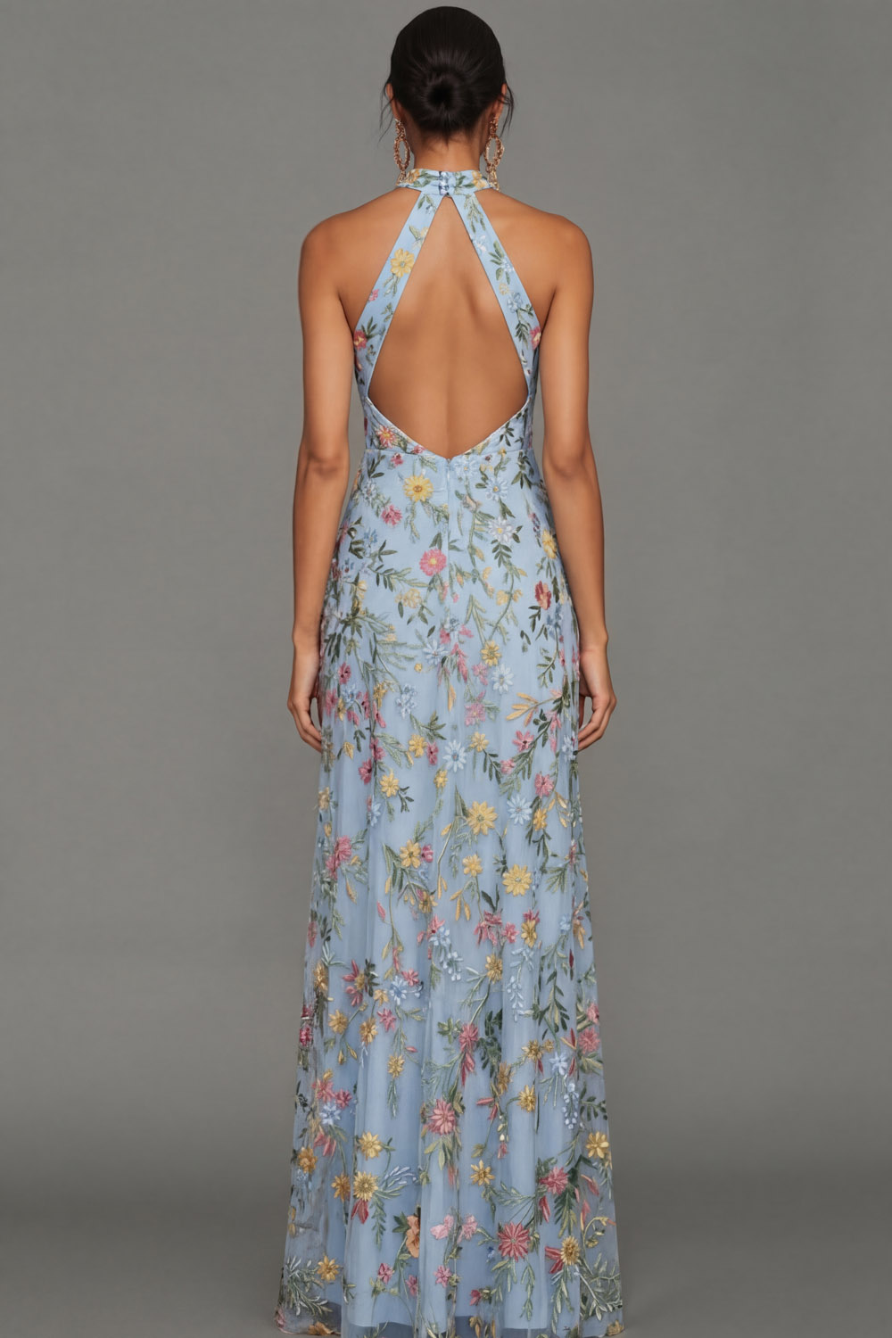 Mauve Floral Halter Neck Mermaid Long Formal Dress with Slit