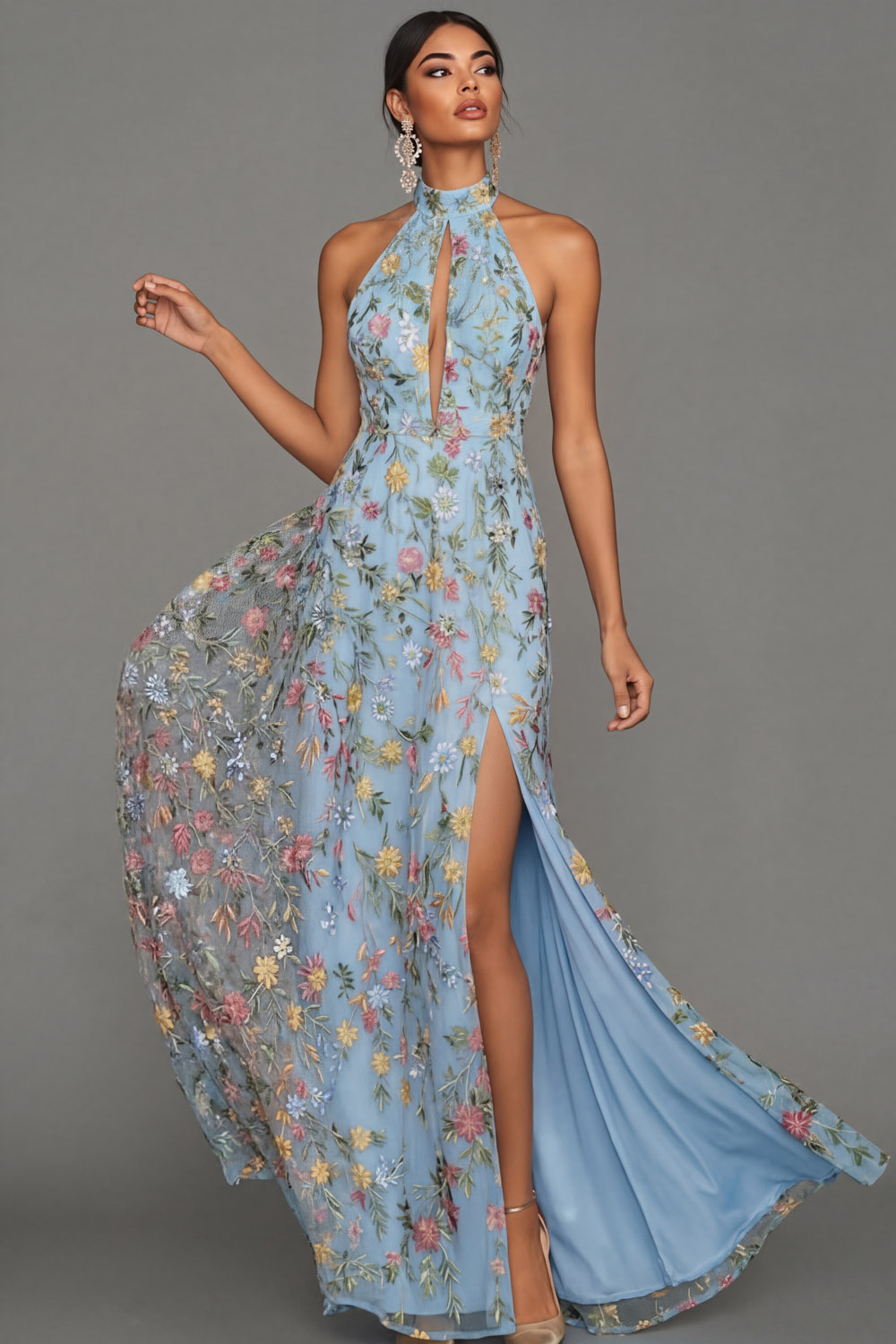 Mauve Floral Halter Neck Mermaid Long Formal Dress with Slit