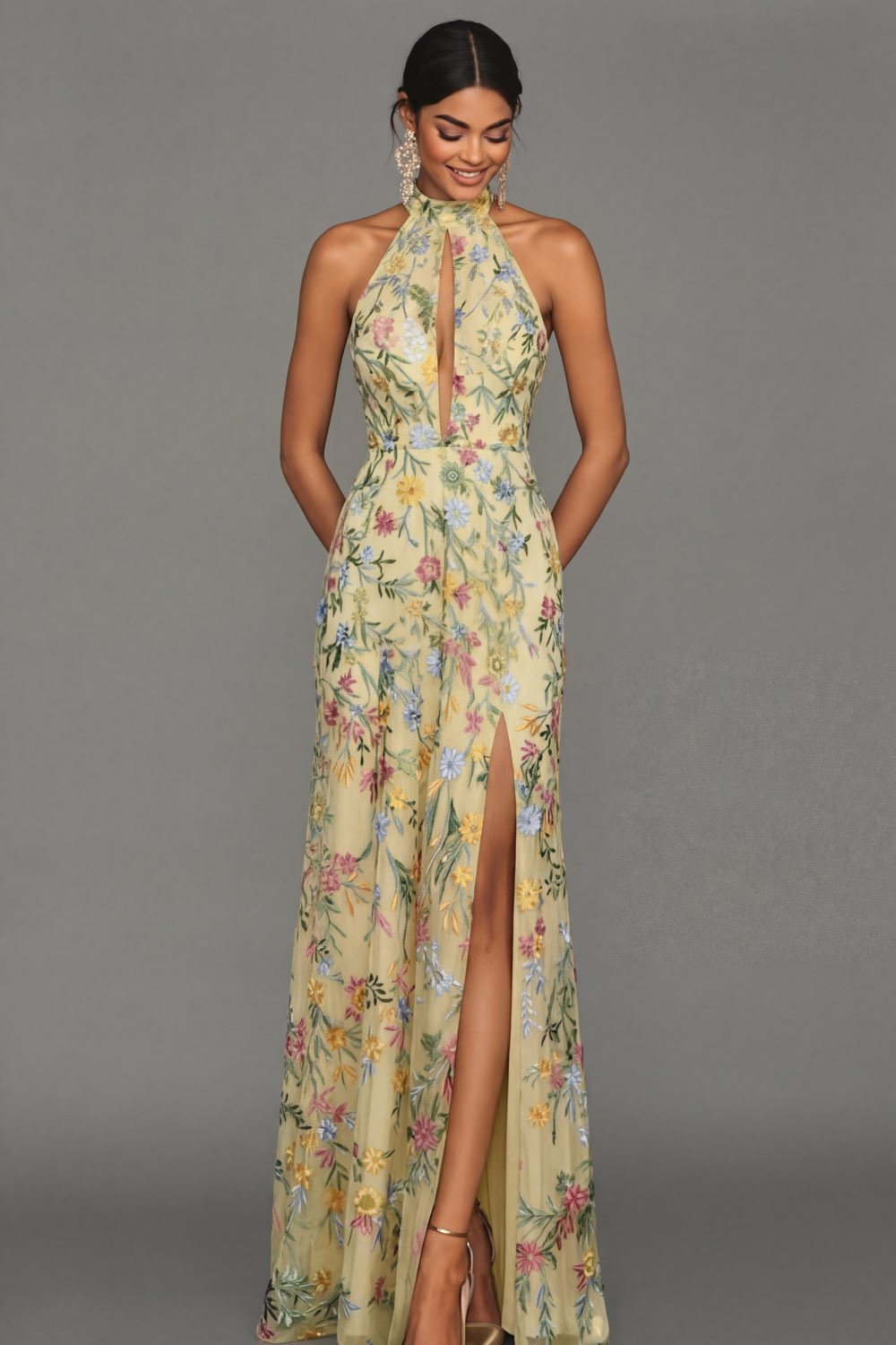 Mauve Floral Halter Neck Mermaid Long Formal Dress with Slit