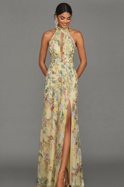 Mauve Floral Halter Neck Mermaid Long Formal Dress with Slit