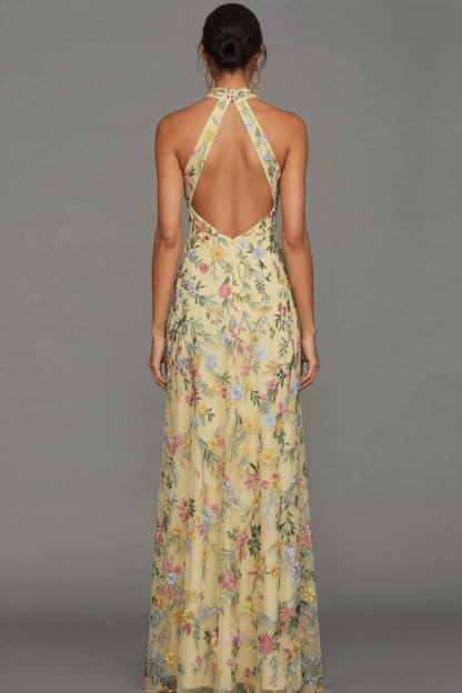 Mauve Floral Halter Neck Mermaid Long Formal Dress with Slit