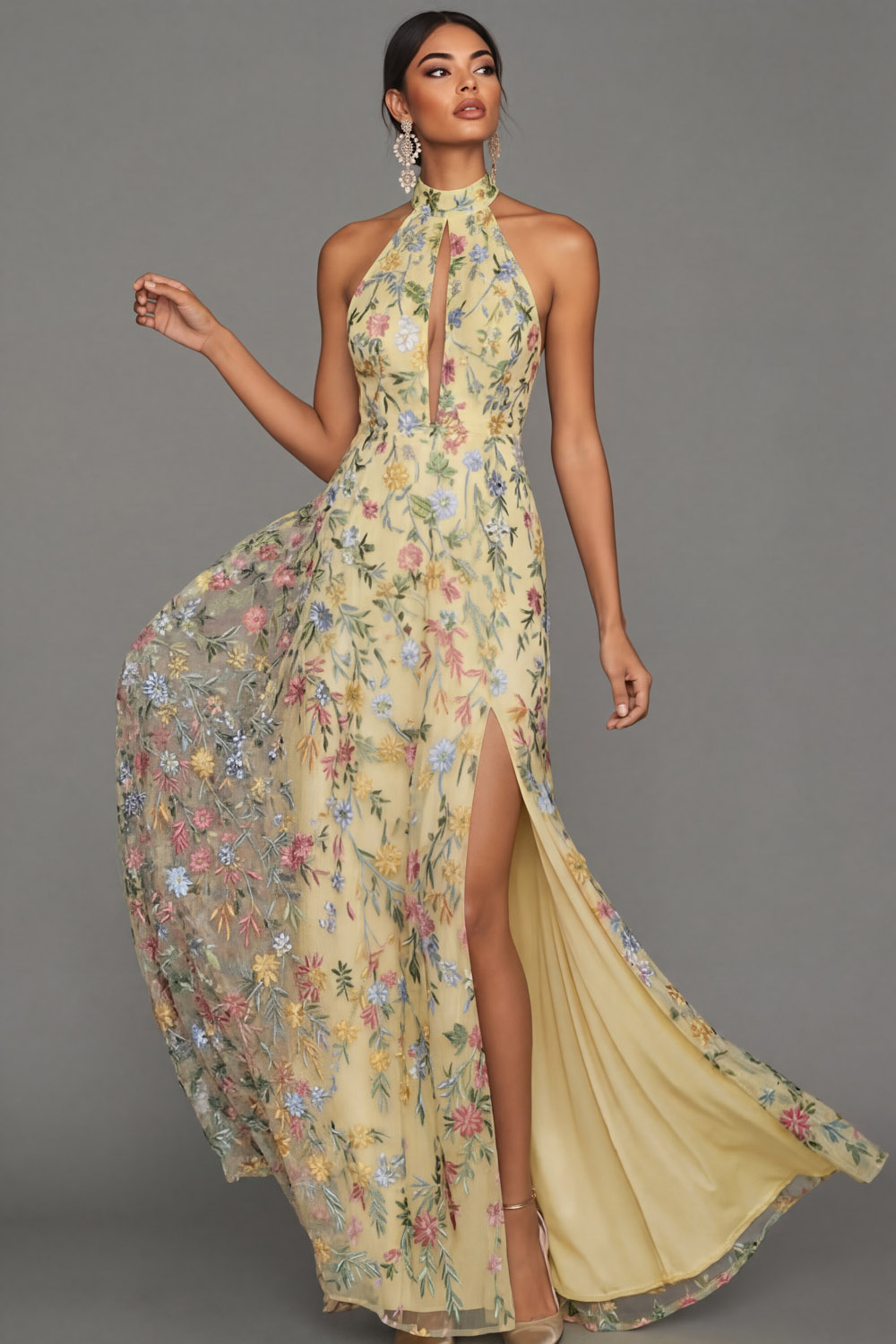 Mauve Floral Halter Neck Mermaid Long Formal Dress with Slit