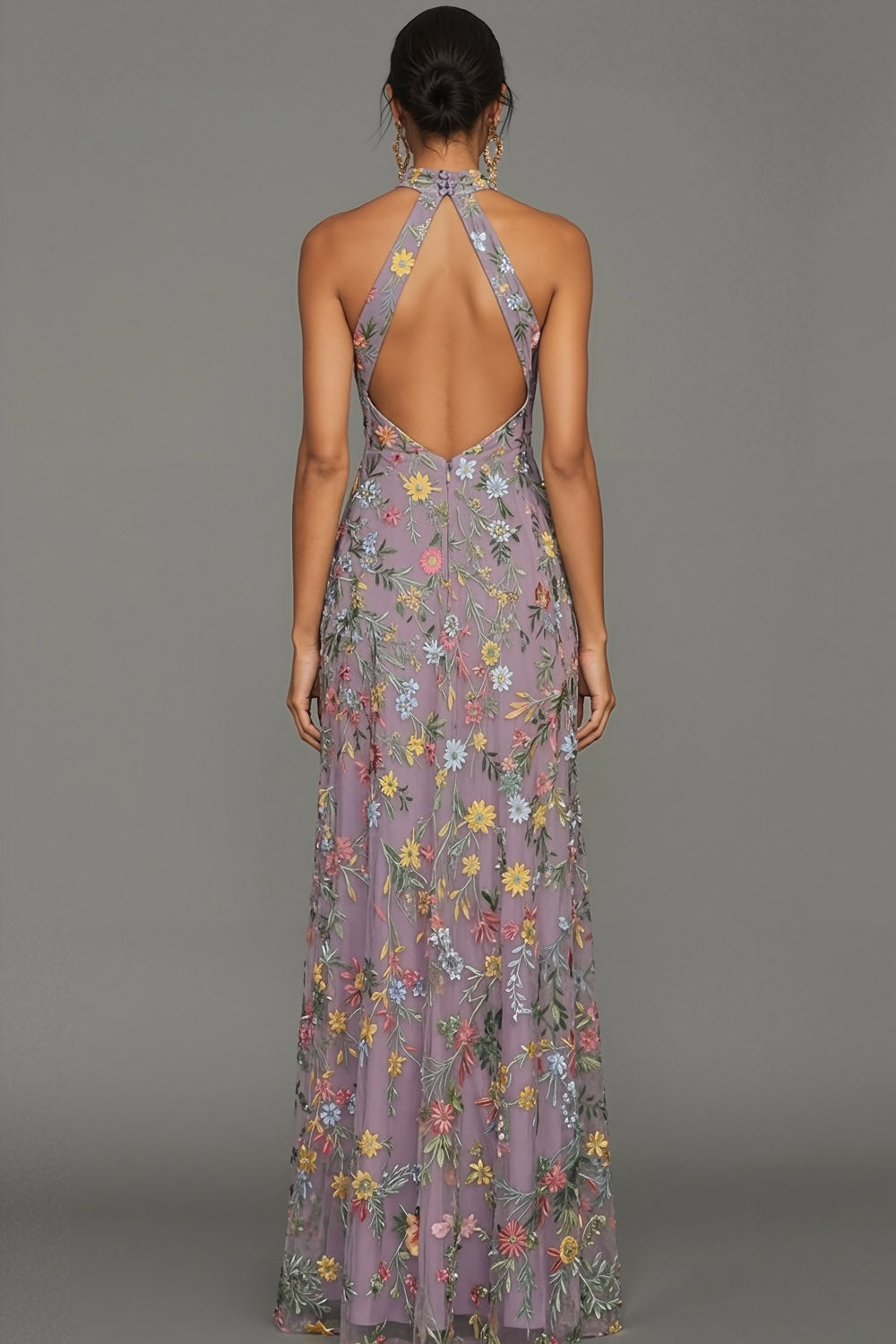 Mauve Floral Halter Neck Mermaid Long Formal Dress with Slit