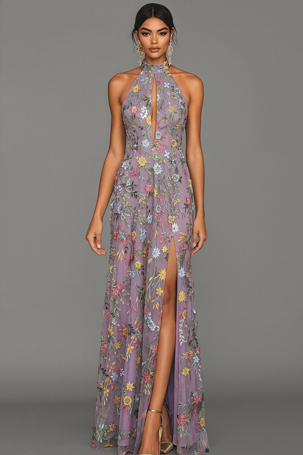 Leely Women Mauve Floral Halter Neck Mermaid Long Formal Dress with Slit Embroidered Sleeveless Backless Wedding Guest Dress