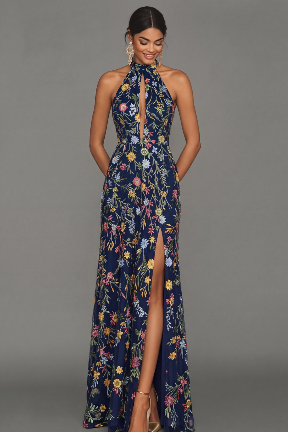 Mauve Floral Halter Neck Mermaid Long Formal Dress with Slit