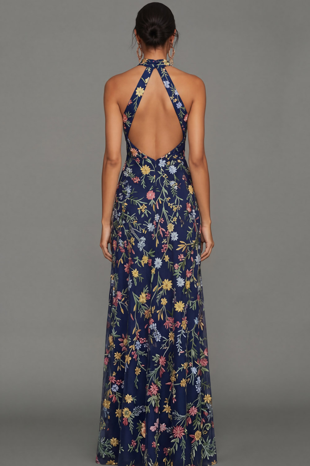 Mauve Floral Halter Neck Mermaid Long Formal Dress with Slit
