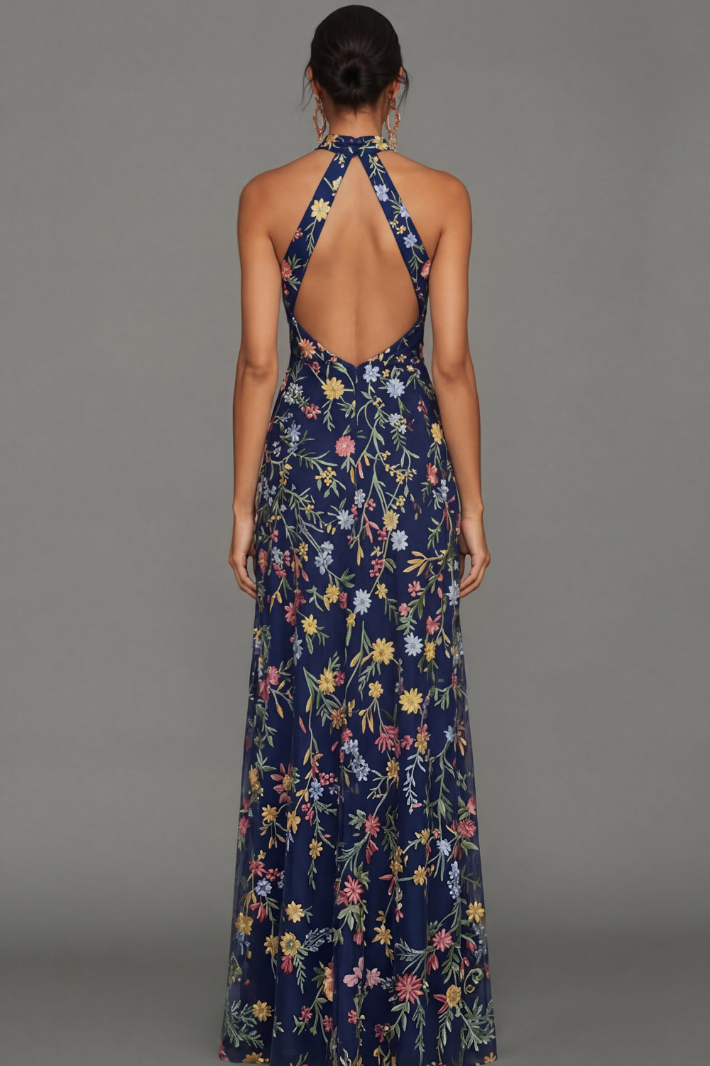 Mauve Floral Halter Neck Mermaid Long Formal Dress with Slit