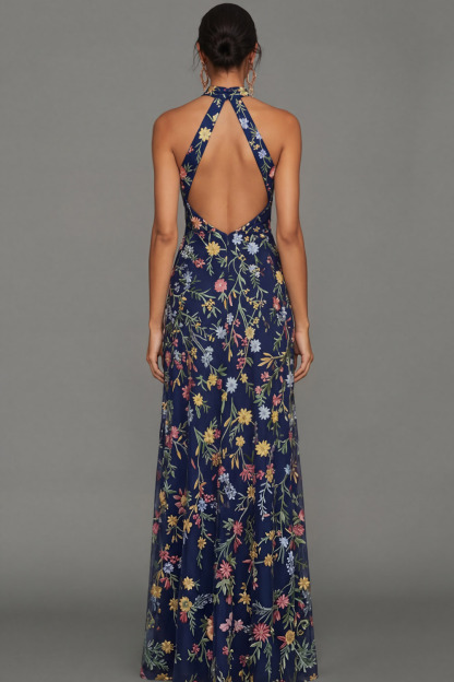 Mauve Floral Halter Neck Mermaid Long Formal Dress with Slit