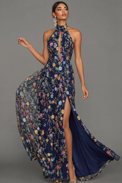 Mauve Floral Halter Neck Mermaid Long Formal Dress with Slit