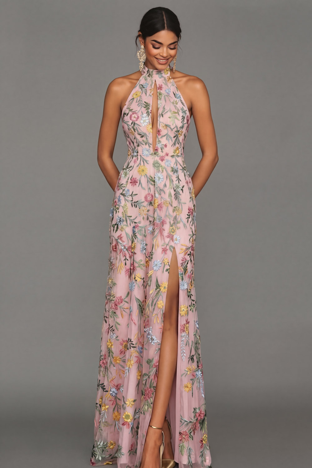 Mauve Floral Halter Neck Mermaid Long Formal Dress with Slit