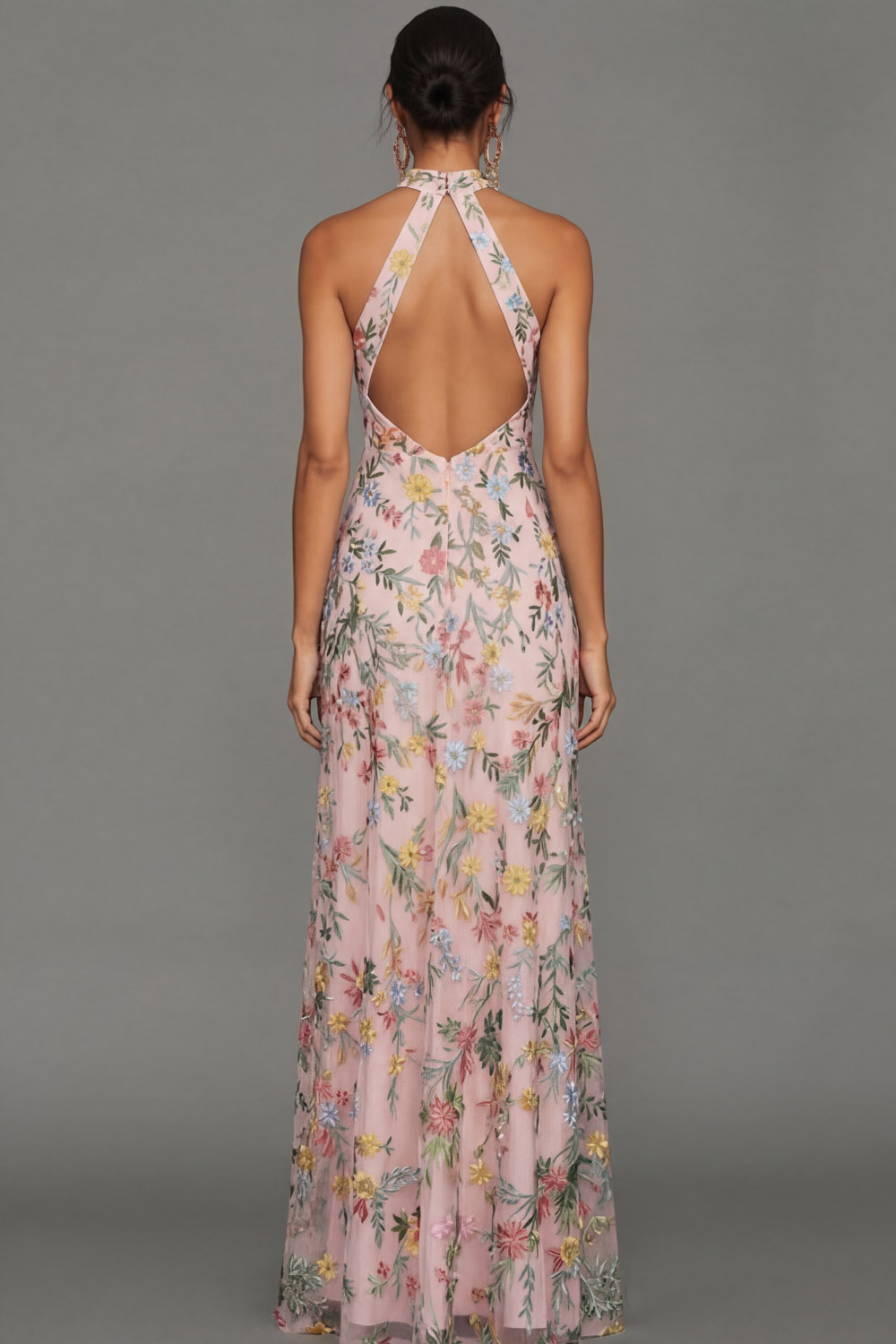 Mauve Floral Halter Neck Mermaid Long Formal Dress with Slit