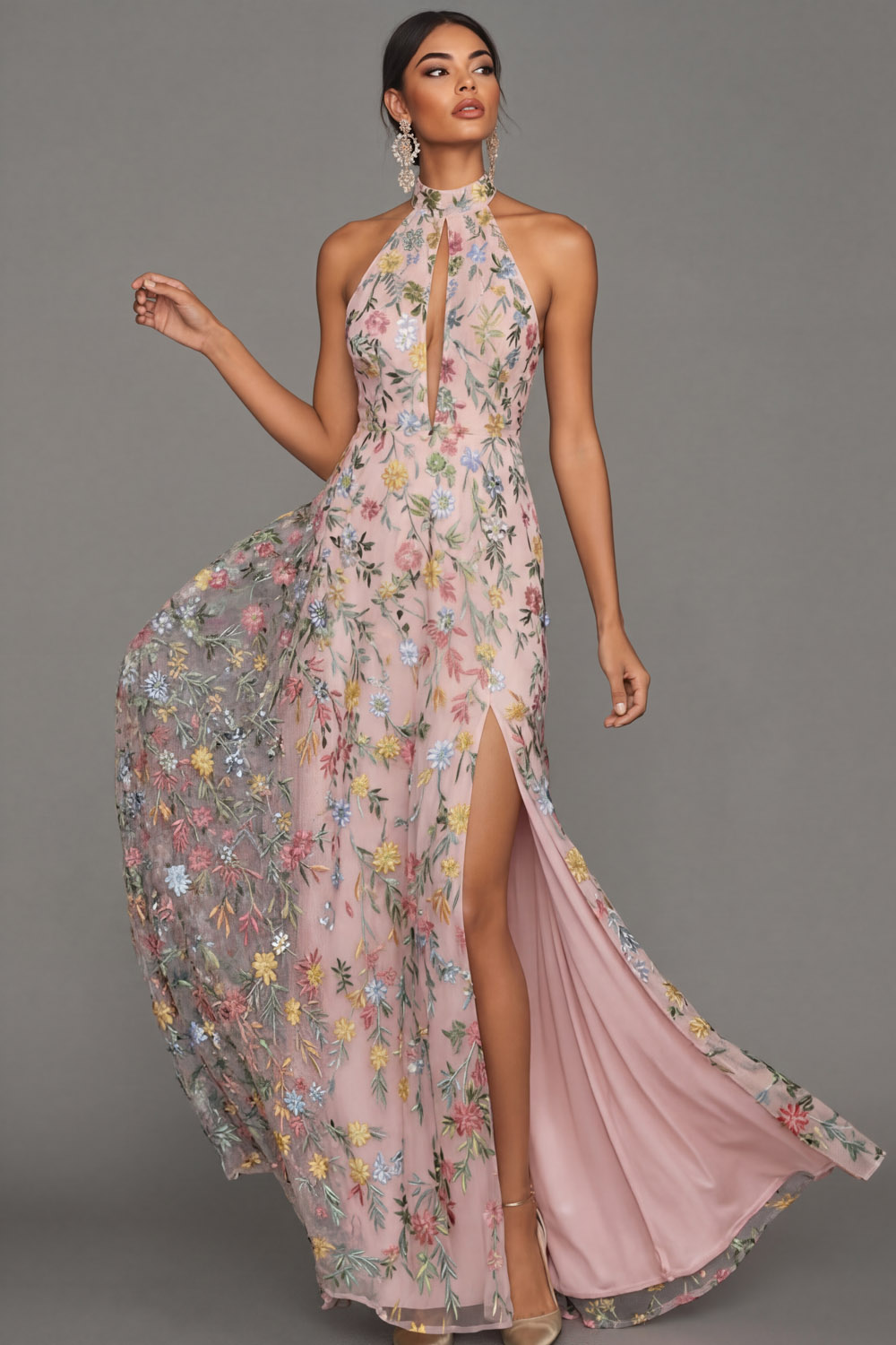 Mauve Floral Halter Neck Mermaid Long Formal Dress with Slit
