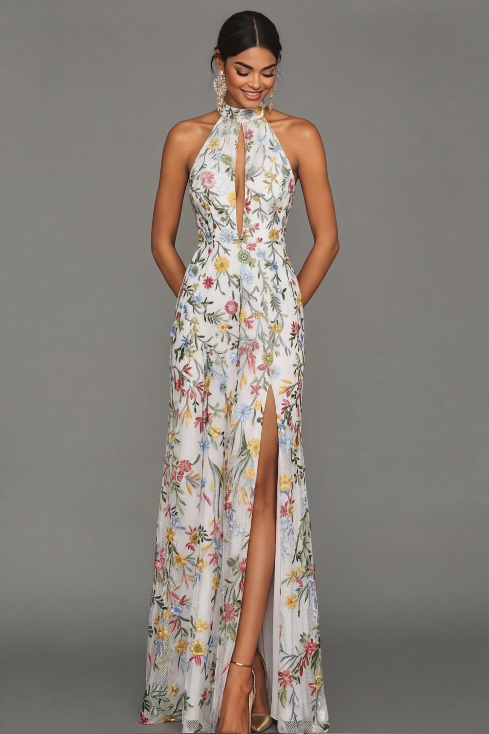 Mauve Floral Halter Neck Mermaid Long Formal Dress with Slit