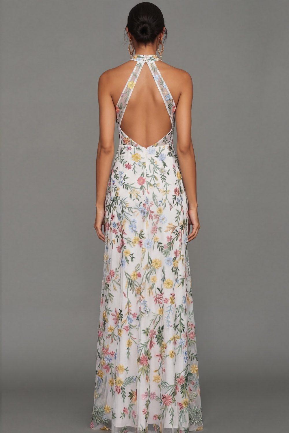 Mauve Floral Halter Neck Mermaid Long Formal Dress with Slit