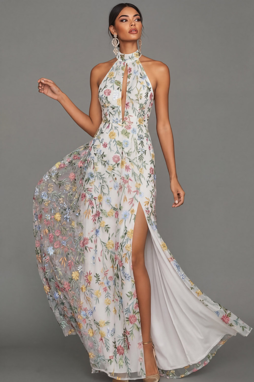 Mauve Floral Halter Neck Mermaid Long Formal Dress with Slit
