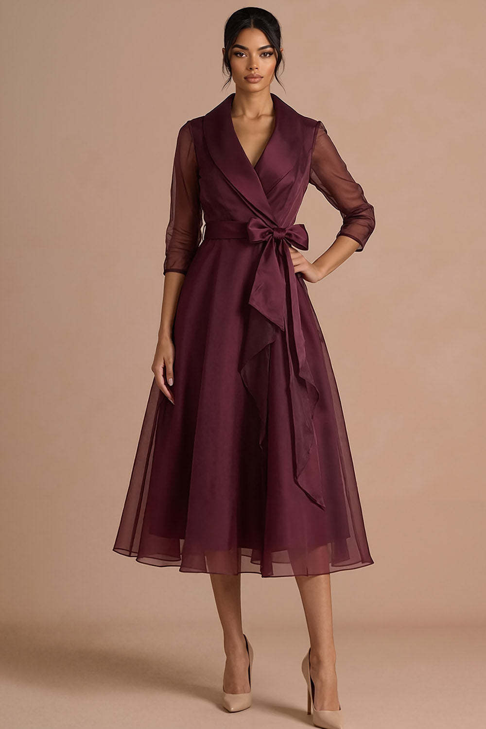 Burgundy A Line Long Sleeves V Neck Wedding Guest Dress with Bow