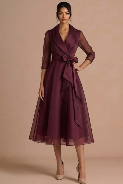 Burgundy A Line Long Sleeves V Neck Wedding Guest Dress with Bow
