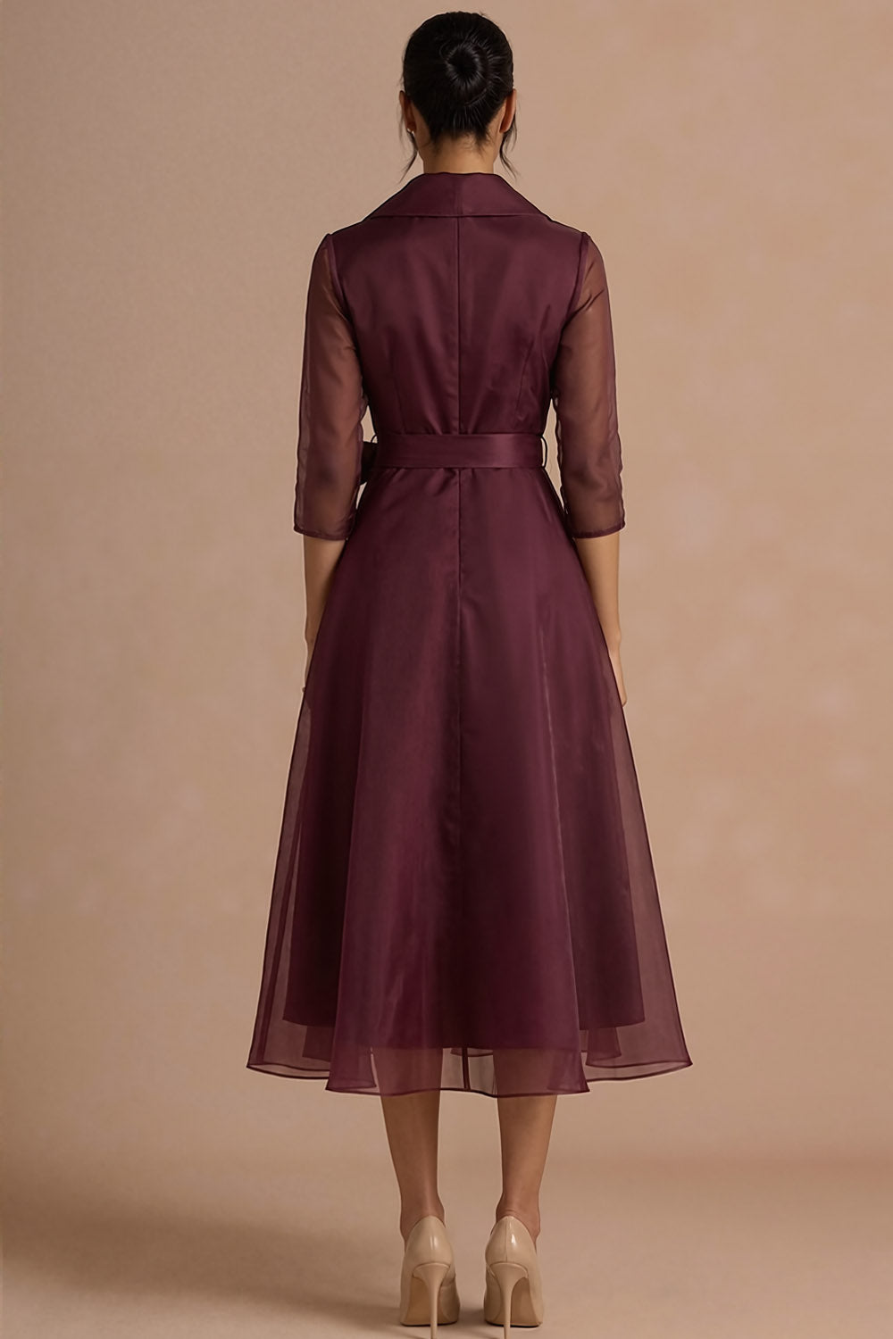 Burgundy A Line Long Sleeves V Neck Wedding Guest Dress with Bow