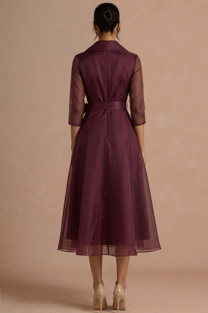 Burgundy A Line Long Sleeves V Neck Wedding Guest Dress with Bow