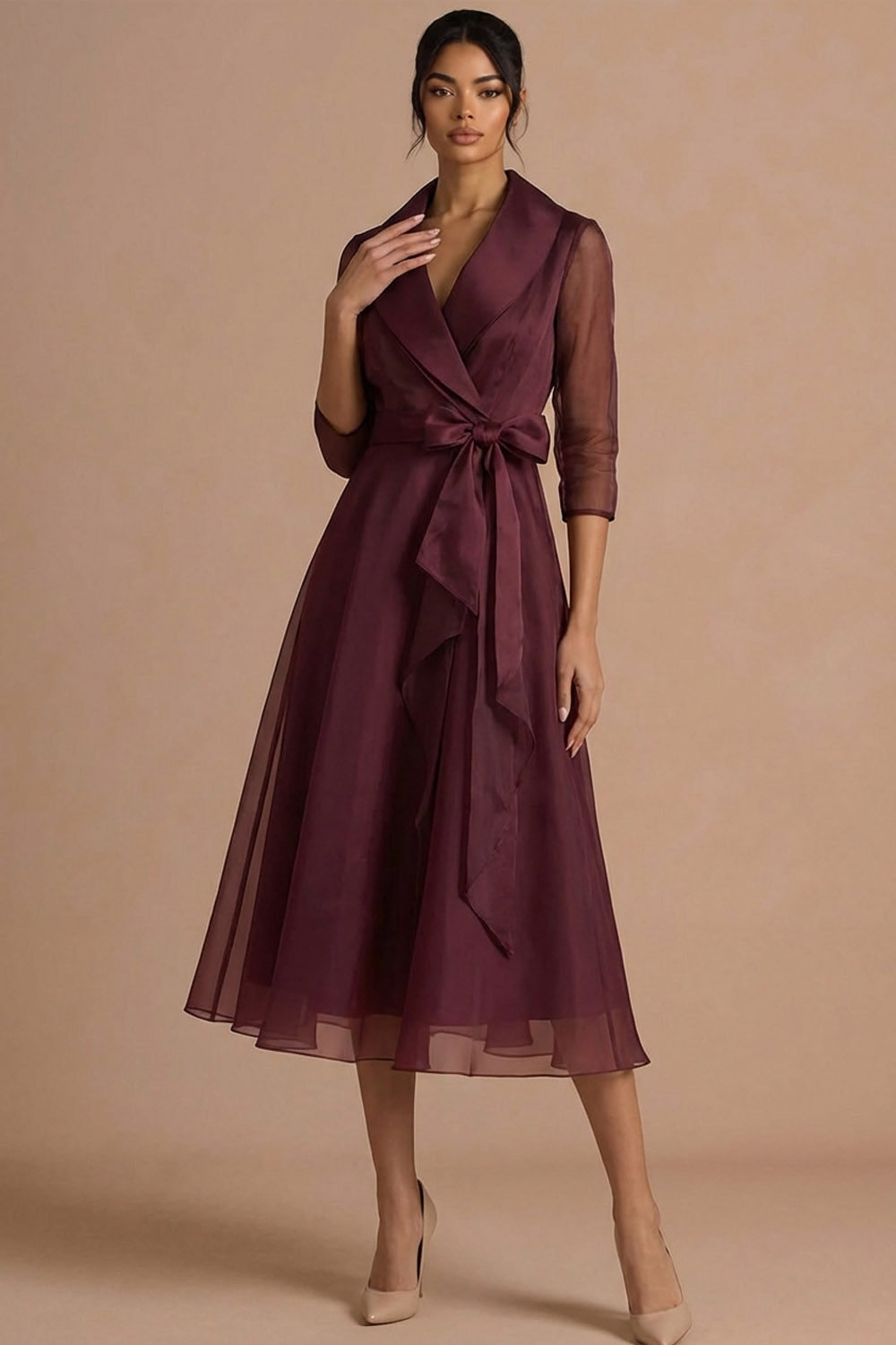 Leely Women Burgundy A Line Midi Wedding Guest Dress with Bow Long Sleeves V Neck Evening Dress