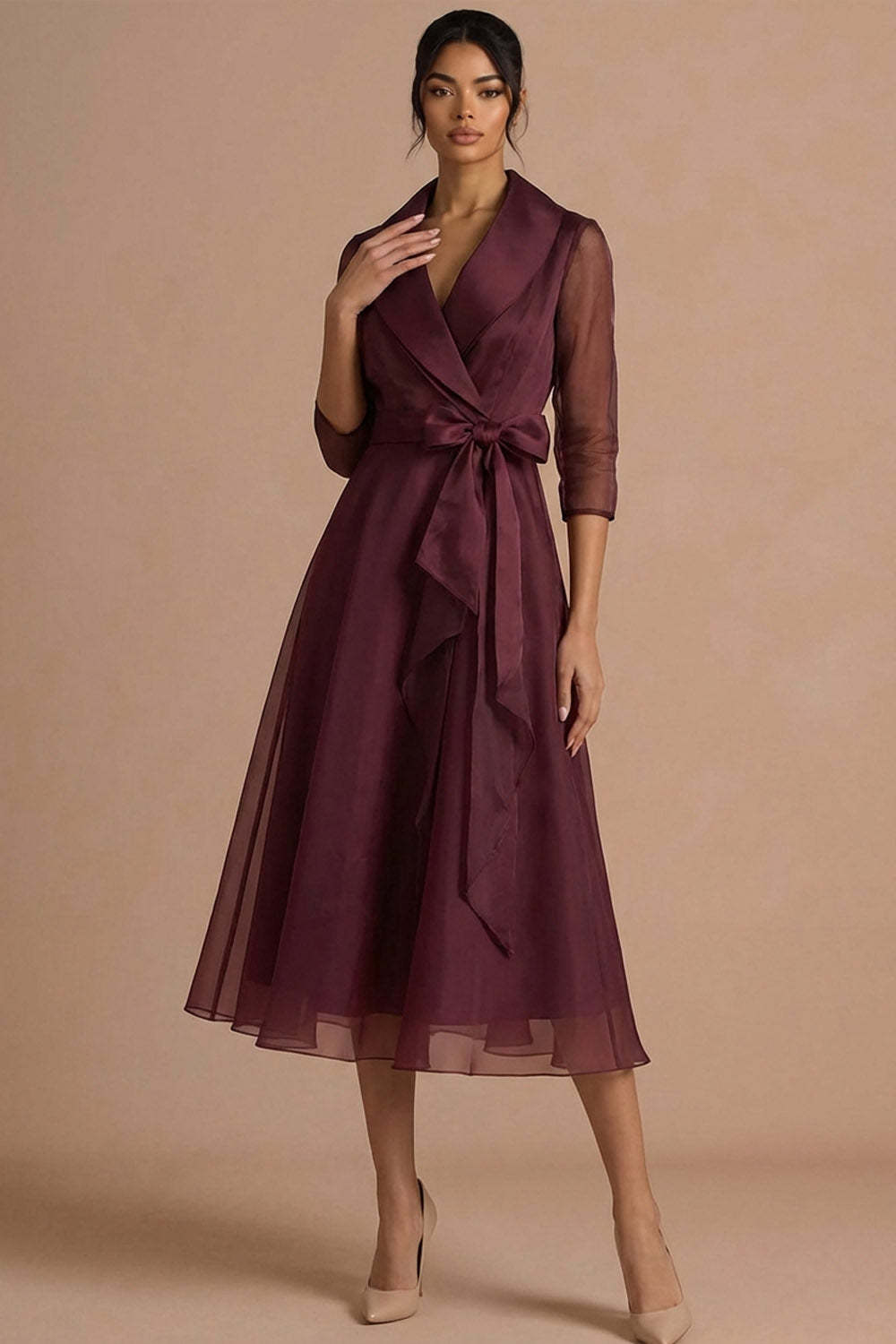 Leely Women Burgundy A Line Midi Wedding Guest Dress with Bow Long Sleeves V Neck Evening Dress
