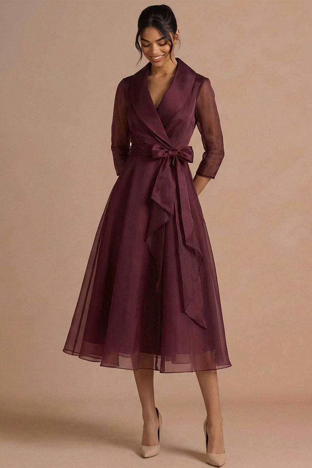 Burgundy A Line Long Sleeves V Neck Wedding Guest Dress with Bow