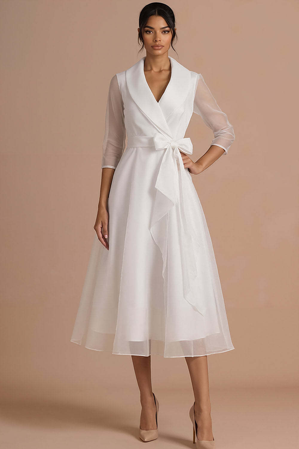 Burgundy A Line Long Sleeves V Neck Wedding Guest Dress with Bow