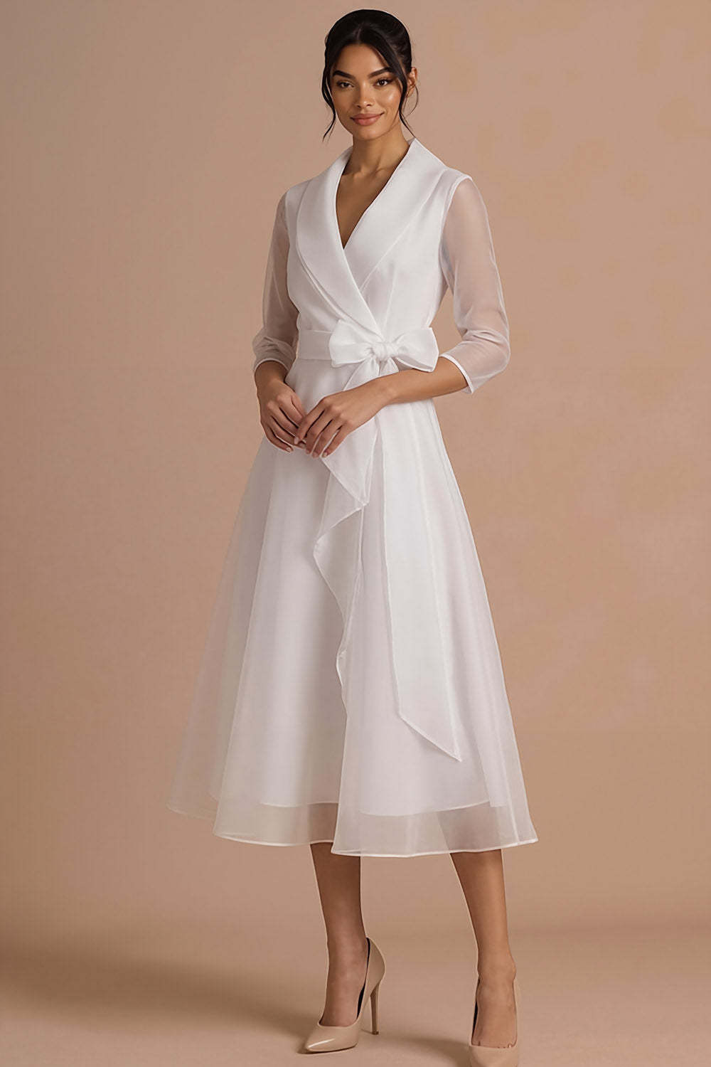 Burgundy A Line Long Sleeves V Neck Wedding Guest Dress with Bow