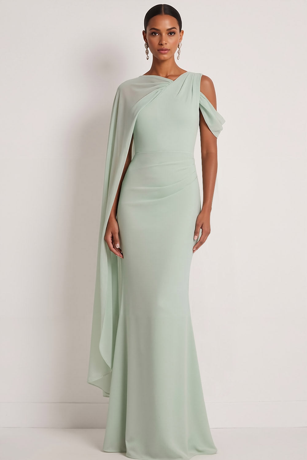 Dusty Sage Mermaid One Shoulder Long Wedding Guest Dress with Cape