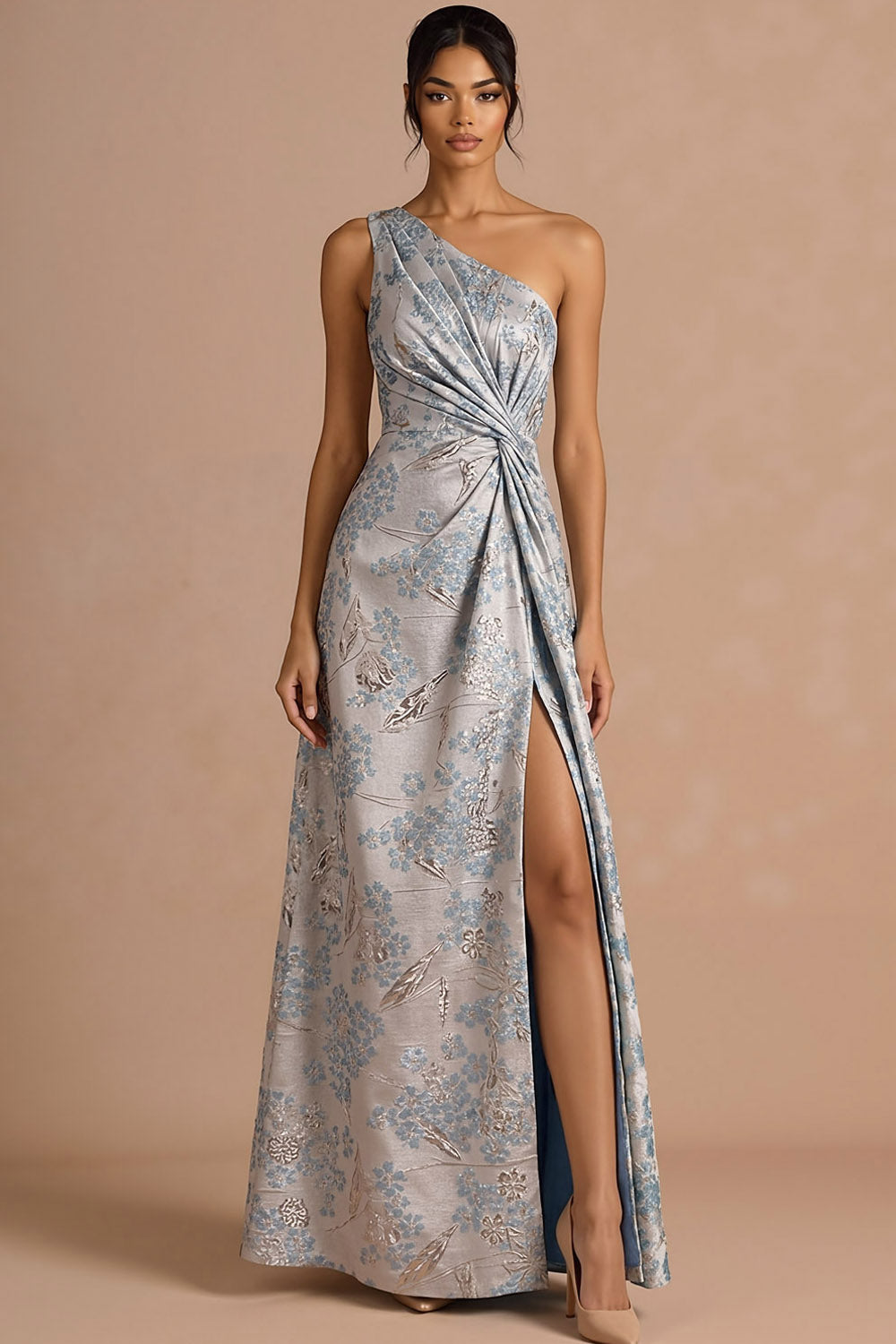 Floral Sliver Jacquard Ruched One Shoulder Maxi Formal Dress with Slit