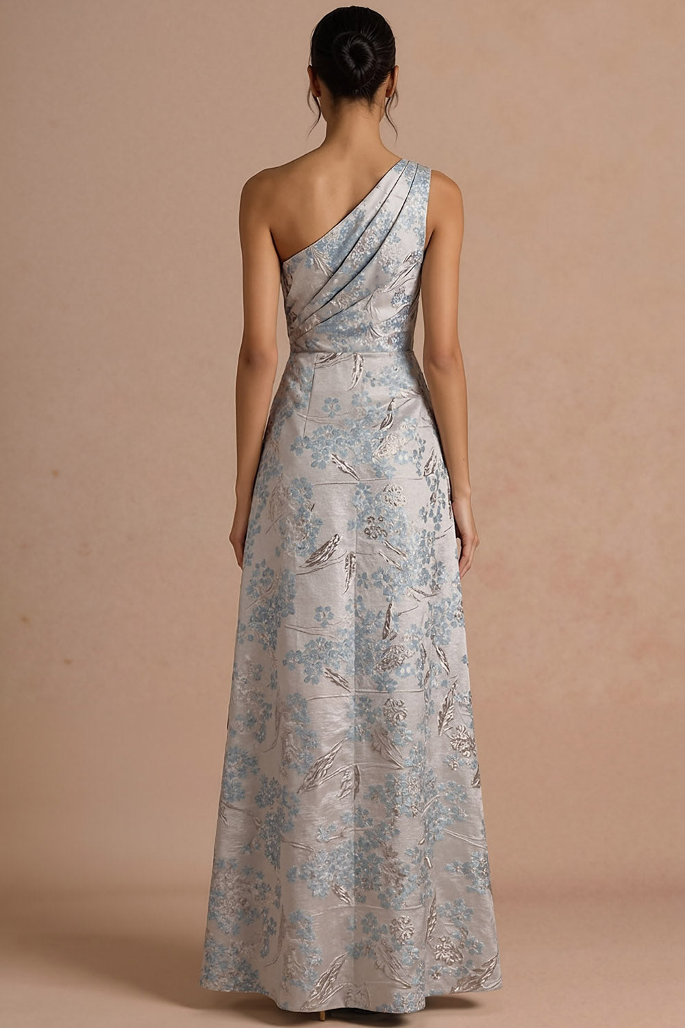 Floral Sliver Jacquard Ruched One Shoulder Maxi Formal Dress with Slit