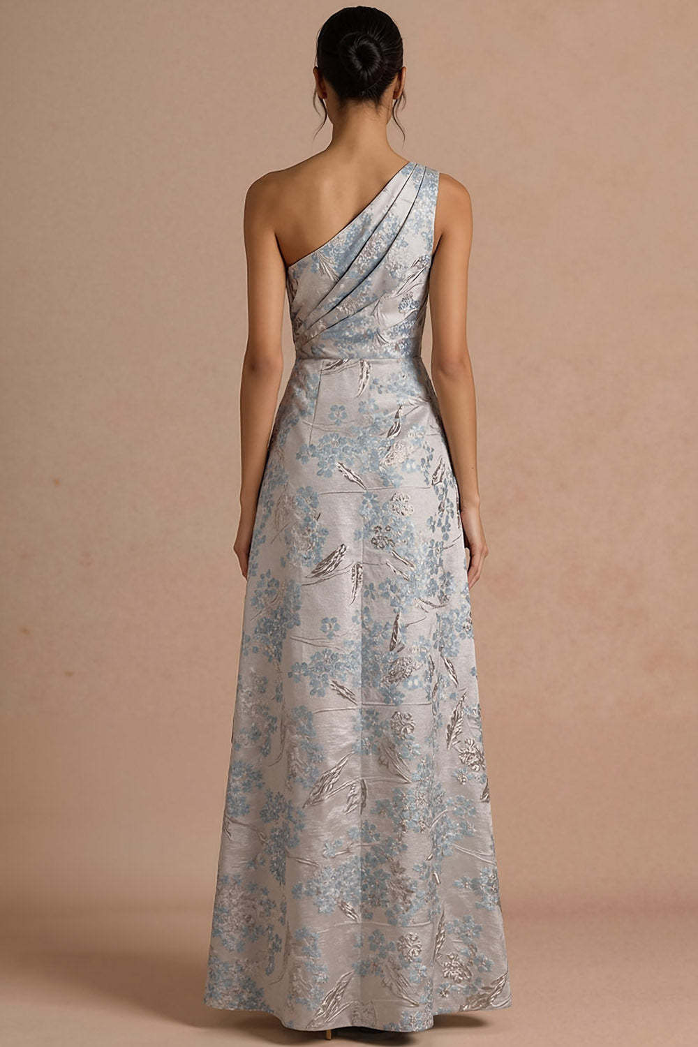 Floral Sliver Jacquard Ruched One Shoulder Maxi Formal Dress with Slit