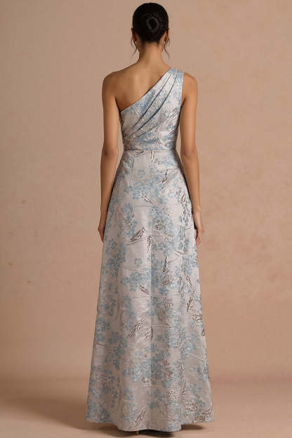 Floral Sliver Jacquard Ruched One Shoulder Maxi Formal Dress with Slit