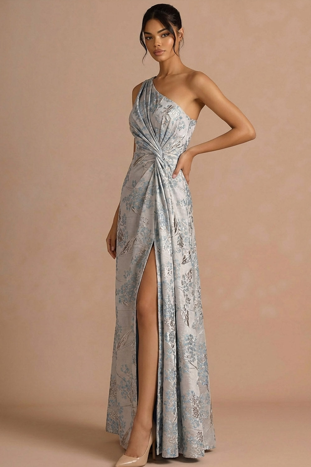 Floral Sliver Jacquard Ruched One Shoulder Maxi Formal Dress with Slit