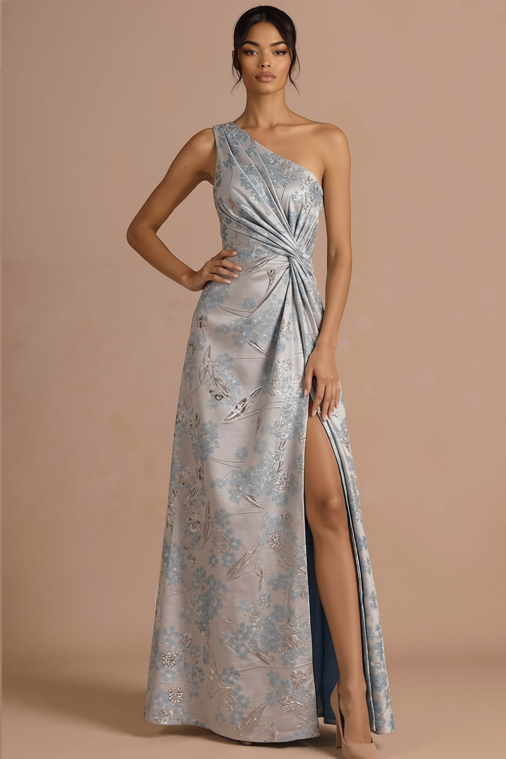 Floral Sliver Jacquard Ruched One Shoulder Maxi Formal Dress with Slit