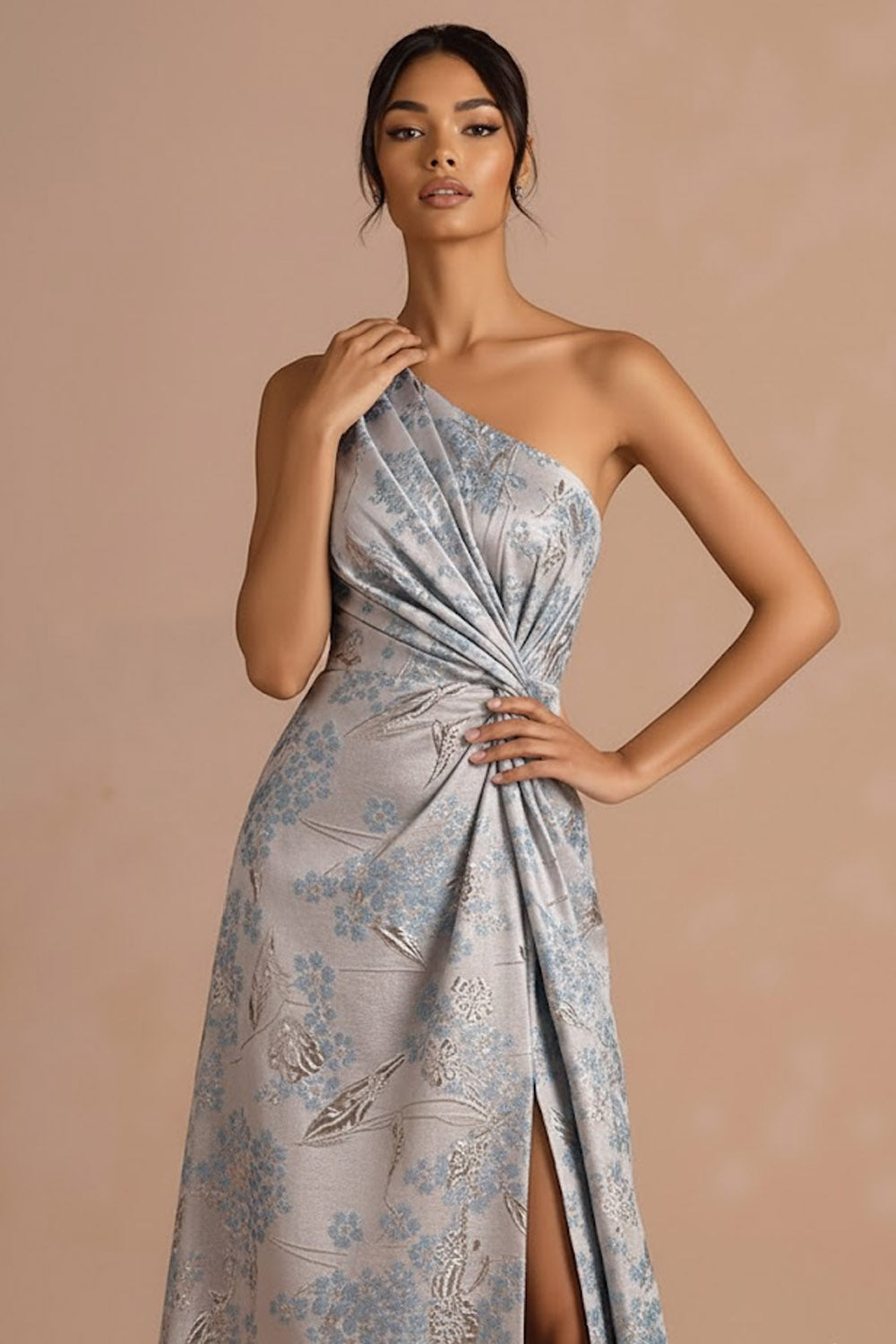 Floral Sliver Jacquard Ruched One Shoulder Maxi Formal Dress with Slit