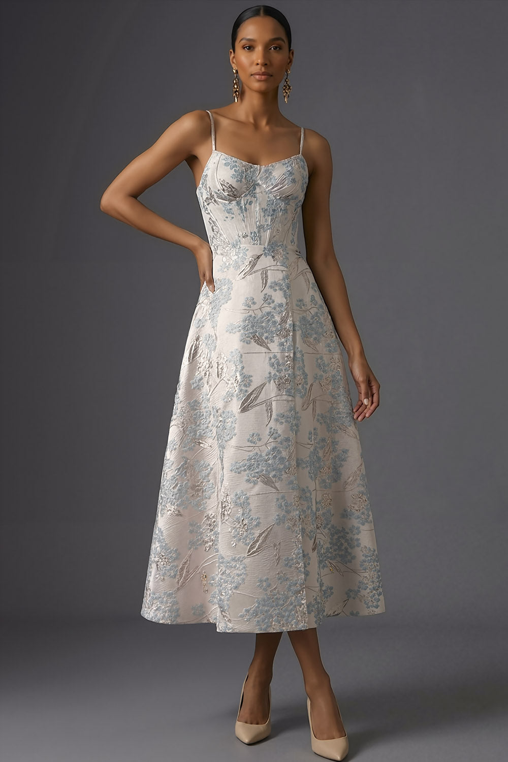 Silver Jacquard Floral Spaghetti Straps Corset Long Wedding Guest Dress