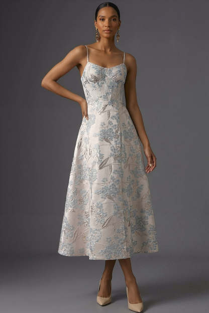 Leely Women Silver Floral Corset Long Wedding Guest Dress Spaghetti Straps Jacquard Backless Sleeveless Formal Dress