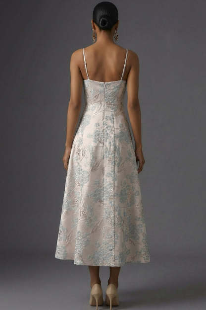 Silver Jacquard Floral Spaghetti Straps Corset Long Wedding Guest Dress
