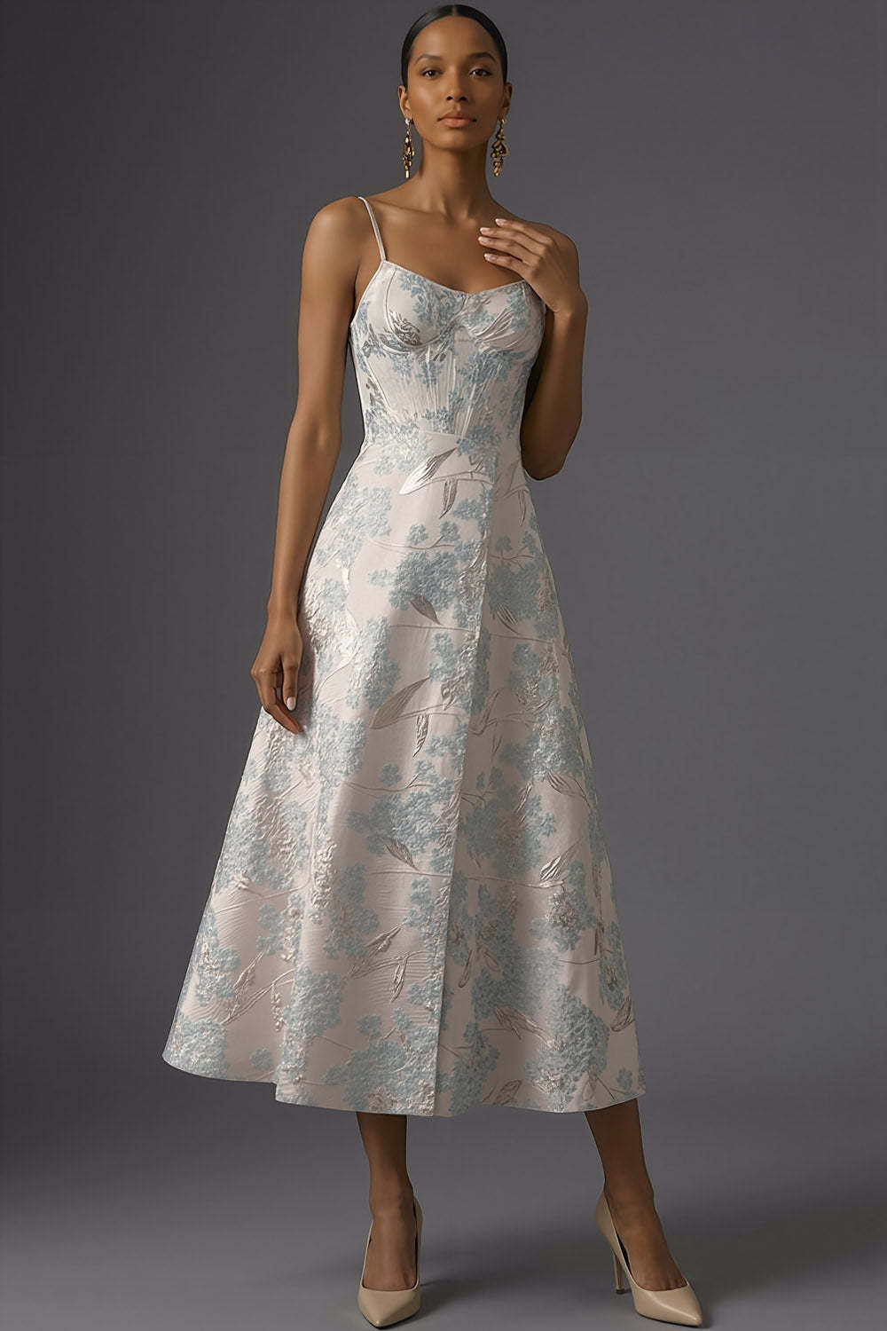 Silver Jacquard Floral Spaghetti Straps Corset Long Wedding Guest Dress