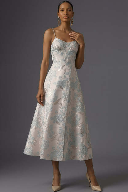 Silver Jacquard Floral Spaghetti Straps Corset Long Wedding Guest Dress