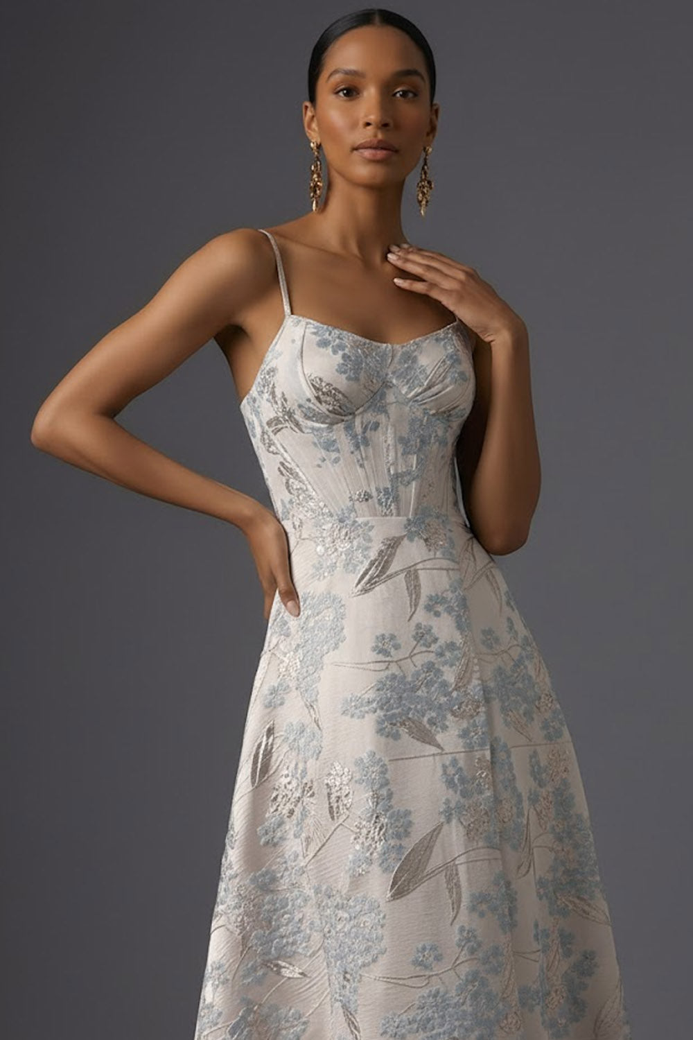 Silver Jacquard Floral Spaghetti Straps Corset Long Wedding Guest Dress