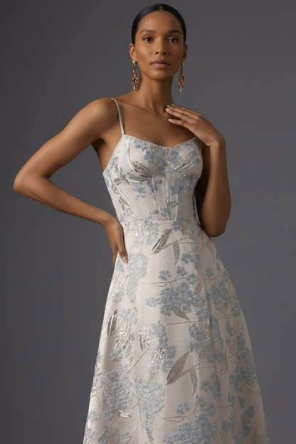 Silver Jacquard Floral Spaghetti Straps Corset Long Wedding Guest Dress