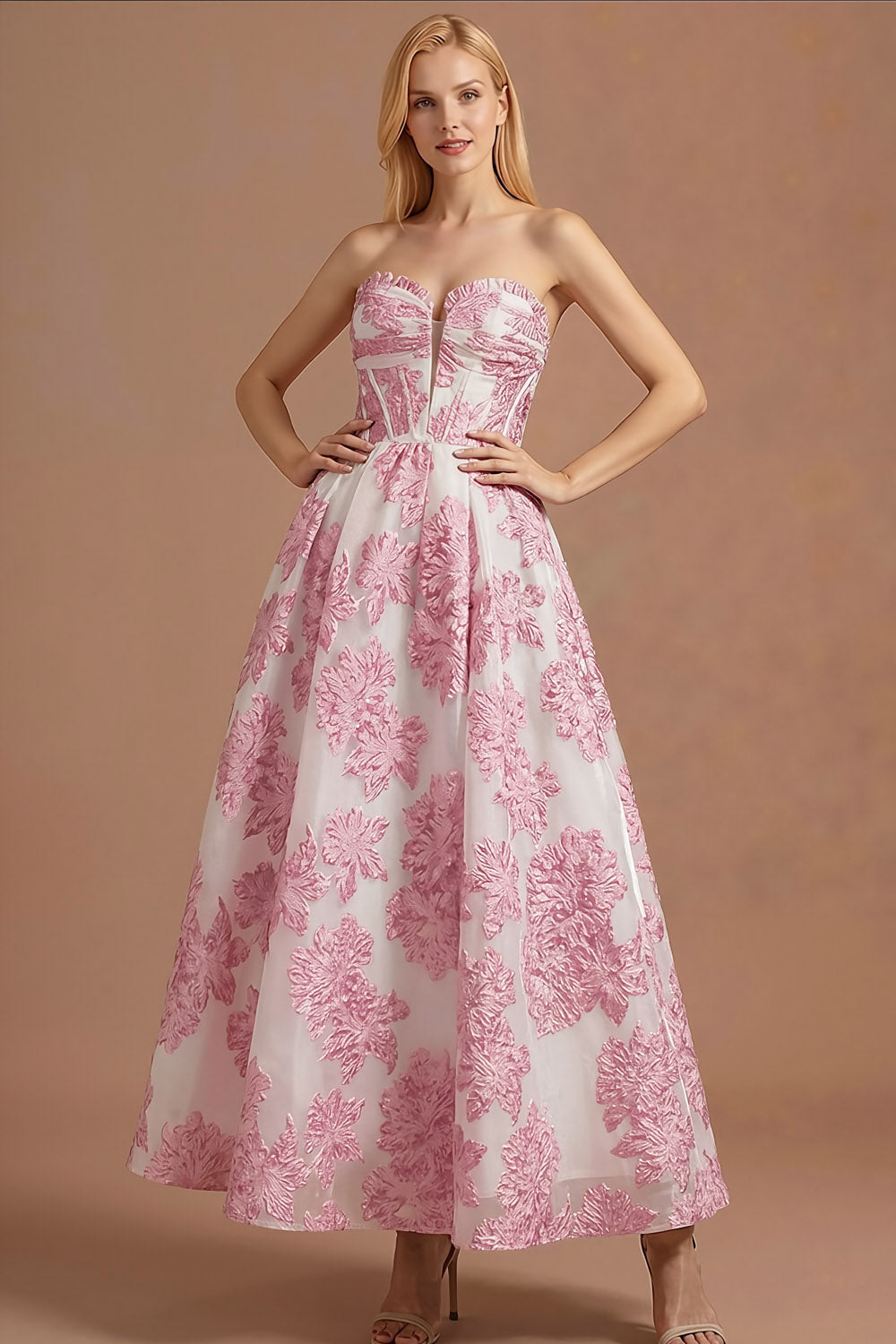 Pink Floral Jacquard A Line Sweetheart Long Wedding Guest Dress