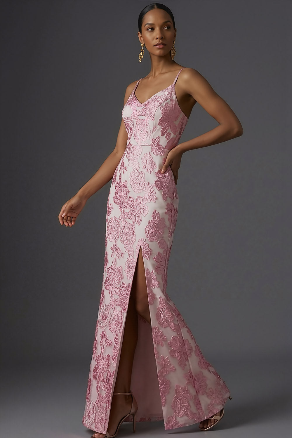 Floral Pink Jacquard Mermaid Spaghetti Straps Maxi Wedding Guest Dress with Slit