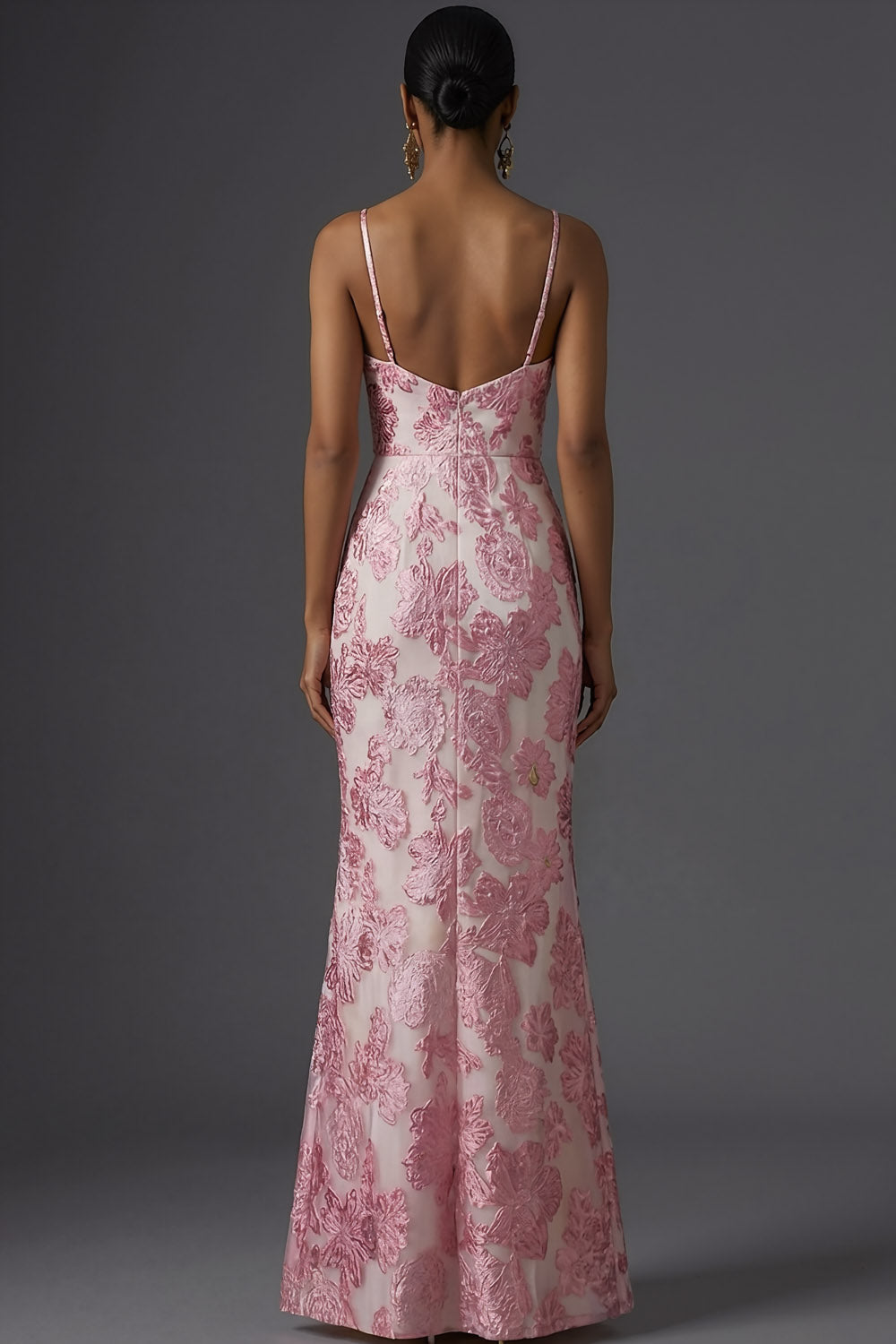 Floral Pink Jacquard Mermaid Spaghetti Straps Maxi Wedding Guest Dress with Slit